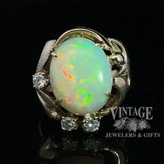 14 karat gold crystal opal and diamond ring White Ethiopian Opal Ring Fine Jewelry, White Ethiopian Opal Ring For Formal Occasions, Formal White Ethiopian Opal Ring, Freeform Ring, Ribbon Design, Opal Crystal, Two Tone, Natural Diamonds, Gold Rings