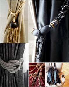 four different types of curtains with beads and tassels