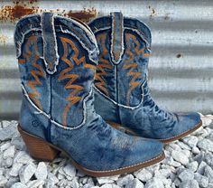 Y'all Need Dolly Distressed Denim Embroidered Boots (DS) Western Denim Blue Boots For Fall, Denim Blue Western Boots For Fall, Western Style Denim Blue Boots For Fall, Western Denim Boots For Rodeo, Fall Medium Wash Denim Boots, Western Embroidery Designs, Dingo Boots, Western Embroidery, Dan Post Boots