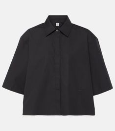 Cropped cotton shirt in black - Toteme | Mytheresa Black Relaxed Fit Cotton Blouse, Collared Poplin Tops With Button Closure, Collared Poplin Top With Button Closure, Poplin Button-up Shirt With Buttons, Modern Tops With Fold Down Collar And Placket, Modern Tops With Placket And Fold Down Collar, Summer Cotton Shirt With Fold Down Collar, Cotton Button-up Tops With Placket, Cotton Button-up Tops With Placket Detail