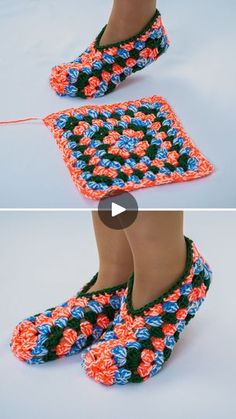 crocheted slippers are being made with yarn