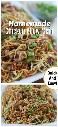 homemade chicken chow mein with noodles and vegetables in the middle, on a white plate