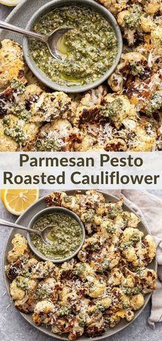 two plates filled with roasted cauliflower covered in parmesan pesto sauce