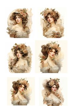 four different images of a woman with flowers in her hair and the same image as she is