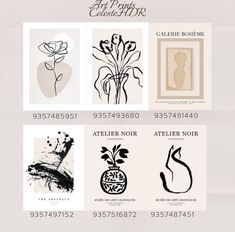 four different types of art prints displayed on a white background with black and white lettering