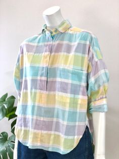 vintage boxy cut, loose fit pastel Madras plaid pullover blouse  Velcro & button closures, oversized breast pocket & shirt tails 'Cotton Fields' made in India 100% cotton tag size S, fits modern small/medium  48 inch bust 42 inch waist  25 inch length  excellent condition, no marks or flaws visible Pastel Long Sleeve Cotton Tops, Retro Oversized Plaid Top, Oversized Vintage Plaid Shirt, Vintage Plaid Cotton Blouse, Loves Baby Soft, Vintage High Heels, Cotton Fields, Floral Peplum Top, Plaid Pullover