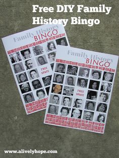 two family photos with the words free diy family history bingo on them, next to each other