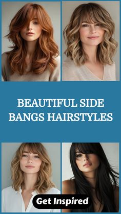 Collage of four women with different side bangs hairstyles above the text "Beautiful Side Bangs Hairstyles".