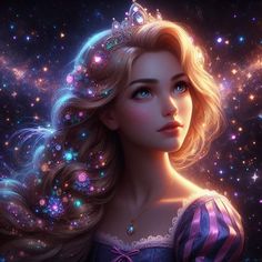 a beautiful young lady with long blonde hair wearing a tiara in front of stars