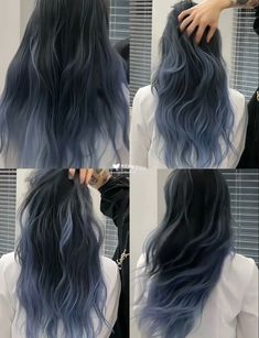 Trendy Hair Dye Ideas For Black Hair, Underdye Hair Color Ideas, Silver Blue Highlights On Dark Hair, Dusty Grey Hair, Steel Blue Hair Color, Full Highlights For Dark Hair Black, Tinted Black Hair, Korean Hair Colours