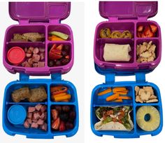 two purple lunch boxes filled with different types of vegetables and meats, including carrots, celery, broccoli