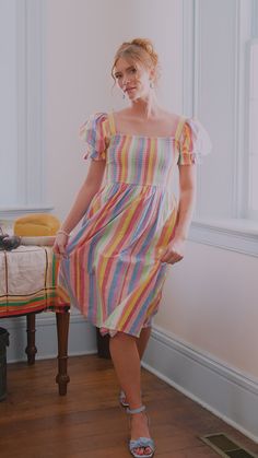 Lolly Dress – JessaKae Fun Multicolor Dress For Garden Party, Fun Multicolor Dresses For Garden Party, Playful Multicolor Dress For Picnic, Whimsical Multicolor Short Sleeve Dress, Whimsical Rainbow Dresses For Spring, Playful Pastel Dresses With Ruffles, Whimsical Summer Rainbow Dress, Selkie Puff Dress Plus Size, Selkie Puff Rainbow Dress