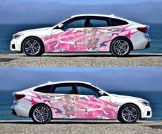 two side by side pictures of a car with anime characters painted on it