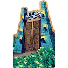 an image of the entrance to a building with plants in front of it and a sign that says,'jurassic world '