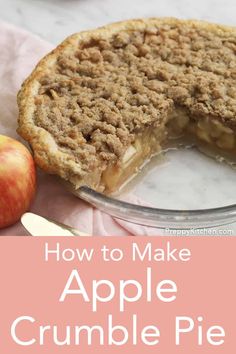 an apple crumble pie is cut in half and ready to be eaten