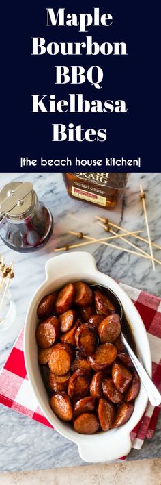 the recipe for maple bourbon bbq kielbasa bites is shown in a white bowl