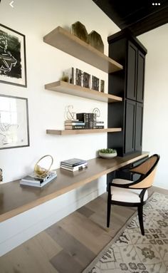 a desk with some books on top of it and shelves above the desk in front of it