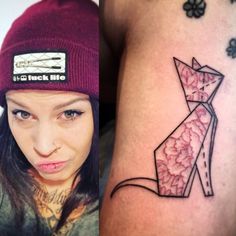 a woman with a tattoo on her arm next to a photo of an origami tie