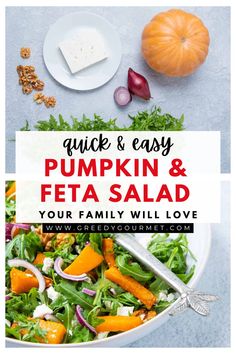 A Pumpkin and Feta Salad with fresh arugula, red onion slices, walnuts, and crumbled feta cheese, creating a colorful dish. Mint Salad Dressing, Pumpkin And Feta Salad, Types Of Salad Dressing, Pumpkin And Feta, 30 Minute Meals Chicken, Feta Salad Recipe, Pumpkin Salad, Sweet Dumplings