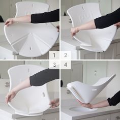 four pictures show how to fold a chair with the help of a person's hands