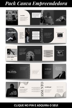 the black and white brochure is displayed in three different sections, one with an image