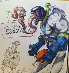 an image of a drawing of a man with a snake on his shoulder and another monster in the background