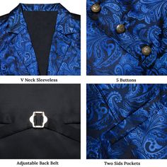 Introducing our "Regal Sapphire Paisley Notched Collar Vest Set," where sophistication meets royal charm. Crafted from premium materials, this set features an exquisite paisley pattern in deep sapphire blue, exuding elegance and refinement. The notched collar adds a touch of classic flair, perfect for formal occasions and special events. The vest offers a comfortable fit and a luxurious feel, complemented by a matching tie and pocket square for a complete, polished look. Elevate your style with Business Vest, Vest And Bow Tie, Vest Suit, Bow Tie Shirt, Mens Suit Vest, Collar Vest, Vest Set, Jacket Suit, Vest And Tie