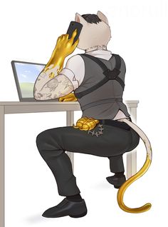 a cartoon character sitting at a desk with a laptop and gold cat on his arm