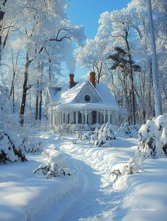 a white house surrounded by snow covered trees