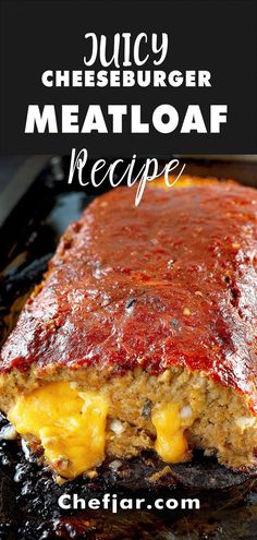 a meatloaf recipe with cheese and sauce on top is shown in the foreground