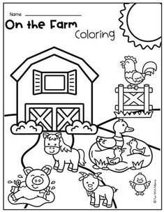 a coloring page with farm animals on the farm