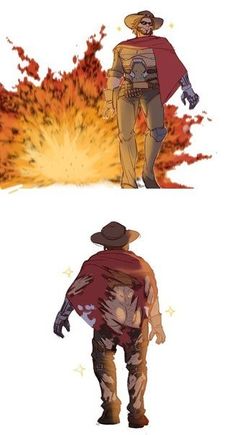 two different images of the same man in cowboy hats and clothes, one with fire coming out of his back