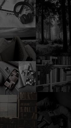 a collage of black and white images with books, headphones, and other items