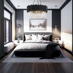 a bedroom with a large bed and chandelier hanging from the ceiling