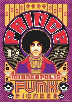 the poster for prince and his friends funky pioneers, featuring an image of him wearing a afro