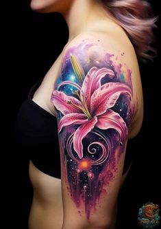 a woman's arm with a tattoo on it and a pink flower in the center