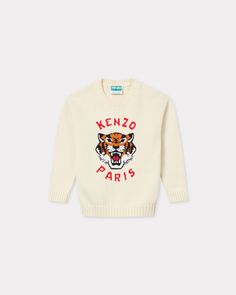 'Festive' knitted jumper.
Straight cut.
Round neck.
Jacquard tiger on the front. Jumper Designs, Polo Sweatshirt, Kenzo Kids, Cardigan Shirt, Cotton Viscose, Knitted Jumper, Sweatshirt Dress, Primavera Estate, Straight Cut