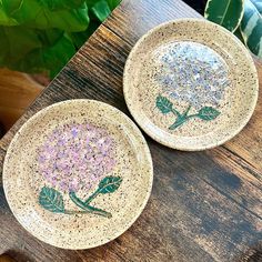 two plates with flowers painted on them sitting on a wooden table next to green plants