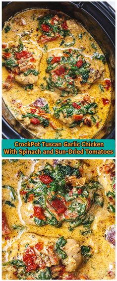 two pictures of food in a crockpot with spinach, tomatoes and chicken