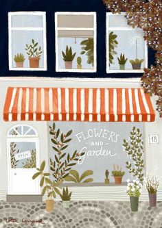 a painting of a flower shop with potted plants in the window and an orange awning