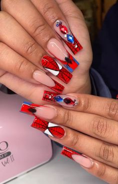 Ongles Bling Bling, Acrylic Nail Set, Red Acrylic Nails, Dope Nail Designs, Long Square Acrylic Nails