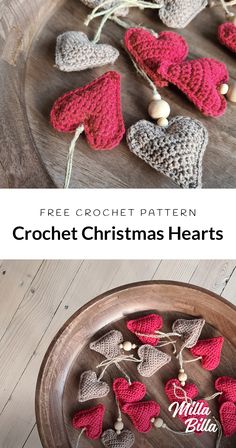 crochet christmas hearts on a plate with text overlay