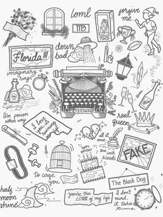 a black and white drawing of an old fashioned typewriter with words written on it