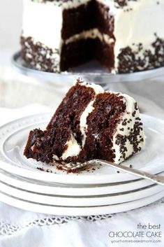 a slice of chocolate cake with white frosting