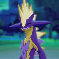 an animated image of a purple and yellow pokemon