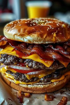 a cheeseburger with bacon and onions on it