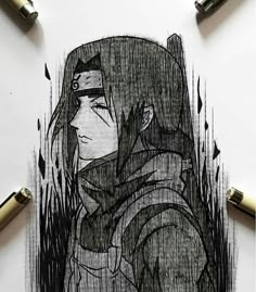 a drawing of an anime character in black and white with some pens on the table