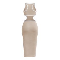 Apricot Rib Hollow Out Sleeveless Bodycon Dress Fitted Sleeveless Midi Dress With Cutout, Sleeveless Bodycon Midi Dress With Cutout, Sleeveless Beige Bodycon Summer Dress, Summer Bodycon Sleeveless Dress In Beige, Beige Bodycon Sleeveless Dress For Summer, Fitted Sleeveless Neutral Tank Top, White Sleeveless Bodycon Dress With Cutout, Chic Sleeveless Bodycon Dress With Cutout, Fitted Neutral Sleeveless Tank Top