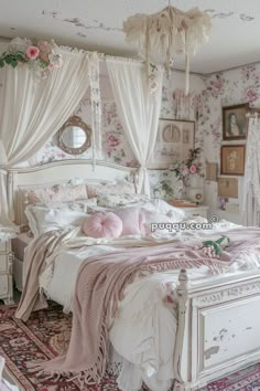 a white bed sitting in a bedroom next to a pink wallpaper covered ceiling and window