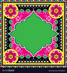 a colorful square frame with flowers and leaves in the center on a black, pink, yellow